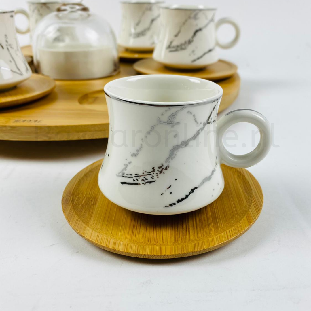 Koffieset - Bamboe -  15 delig - Zilver - Marmer look