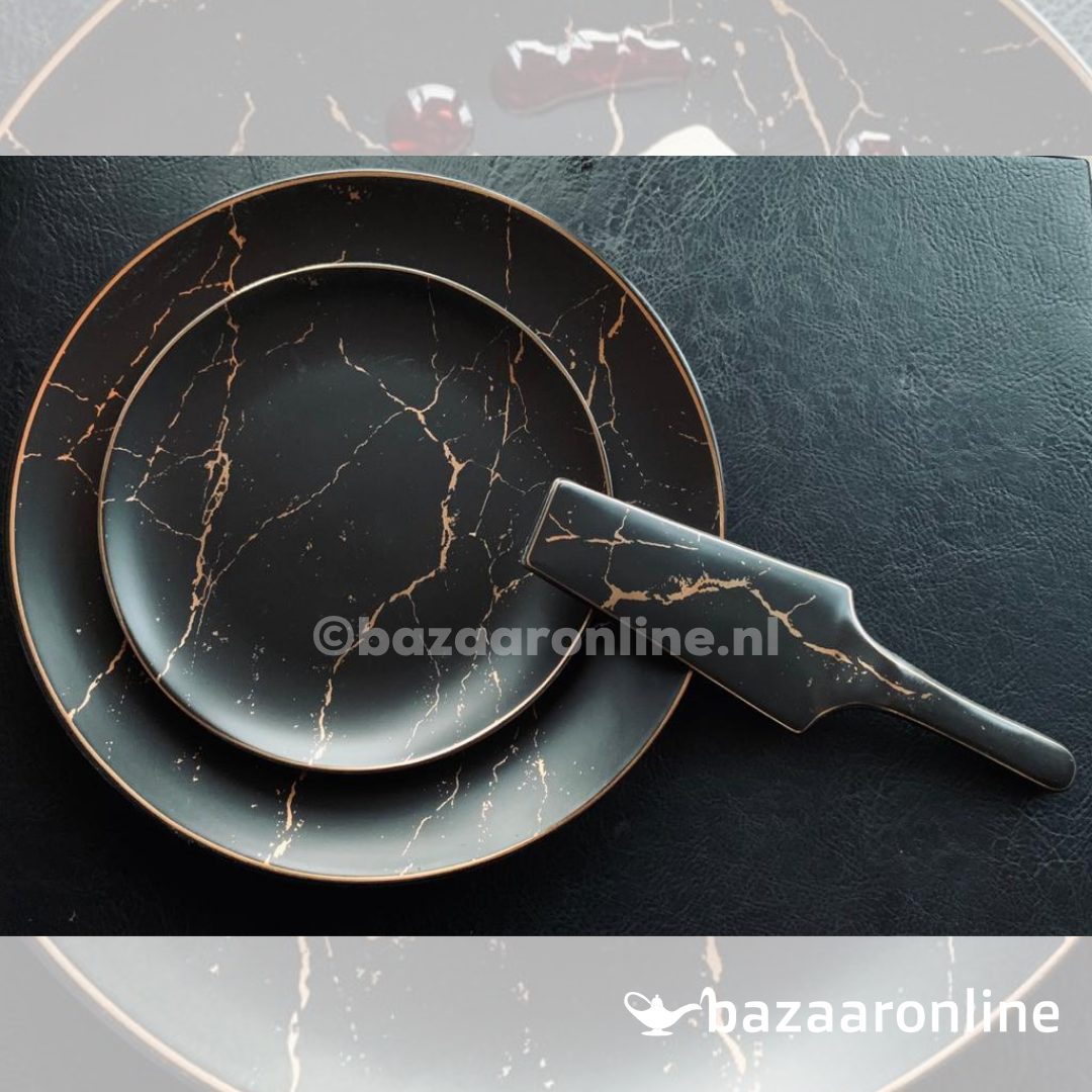Gebakset 8-delig marmer zwart goud