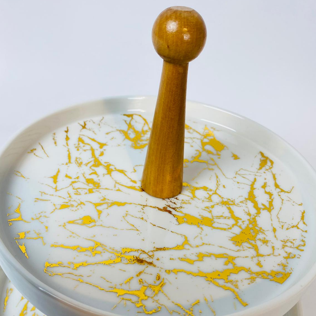 Etagère Bamboe Wit / Goud  Rond 2-laags -  Marmer design