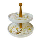 Etagère Bamboe Wit / Goud  Rond 2-laags -  Marmer design