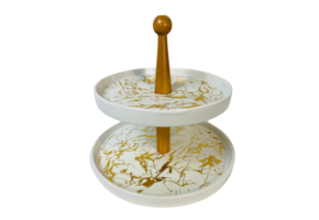 Etagère Bamboe Wit / Goud  Rond 2-laags -  Marmer design