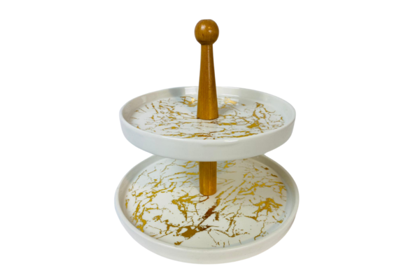 Etagère Bamboe Wit / Goud  Rond 2-laags -  Marmer design