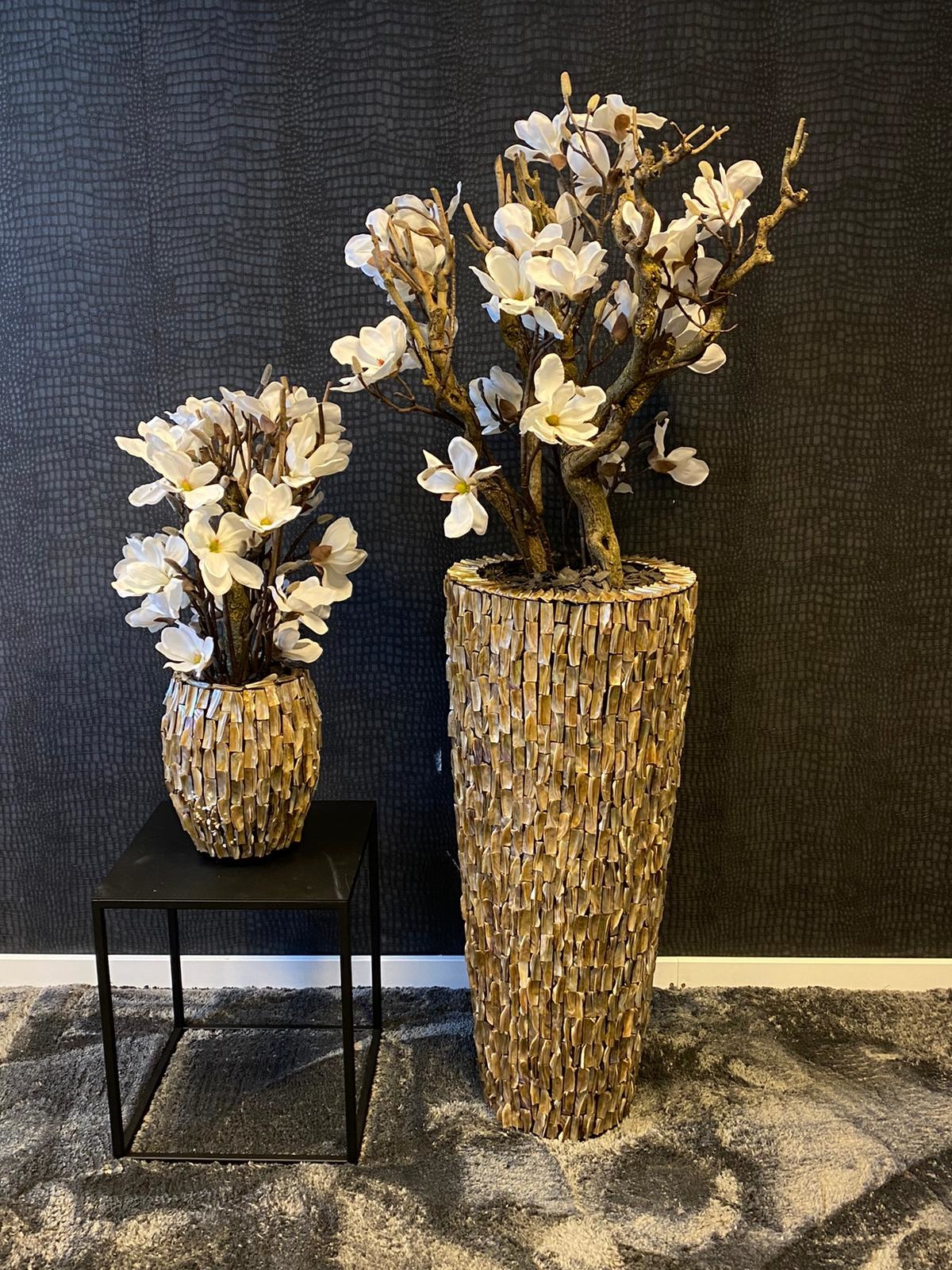 Opgemaakte Schelpenvaas met witte magnolia's struik