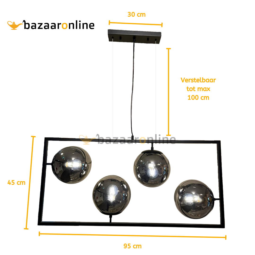 Hanglamp Illusion Smoking glass 4 lichts mix - Kader - Industrieel
