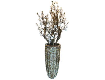 Opgemaakte Schelpenvaas met witte kunstbloesem - Visgraat