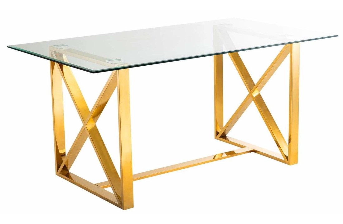 Eettafel Cross Transparant Glas - Goud 160cm