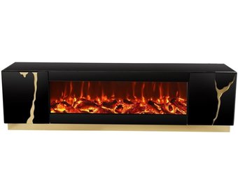 TV-Meubel Venus Spiegel Glas Zwart / Goud incl. sfeerhaard