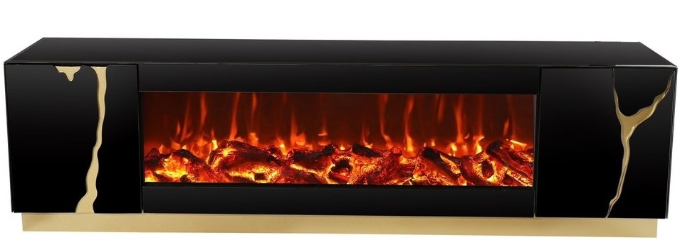 TV-Meubel Venus Spiegel Zwart / Goud incl. sfeerhaard