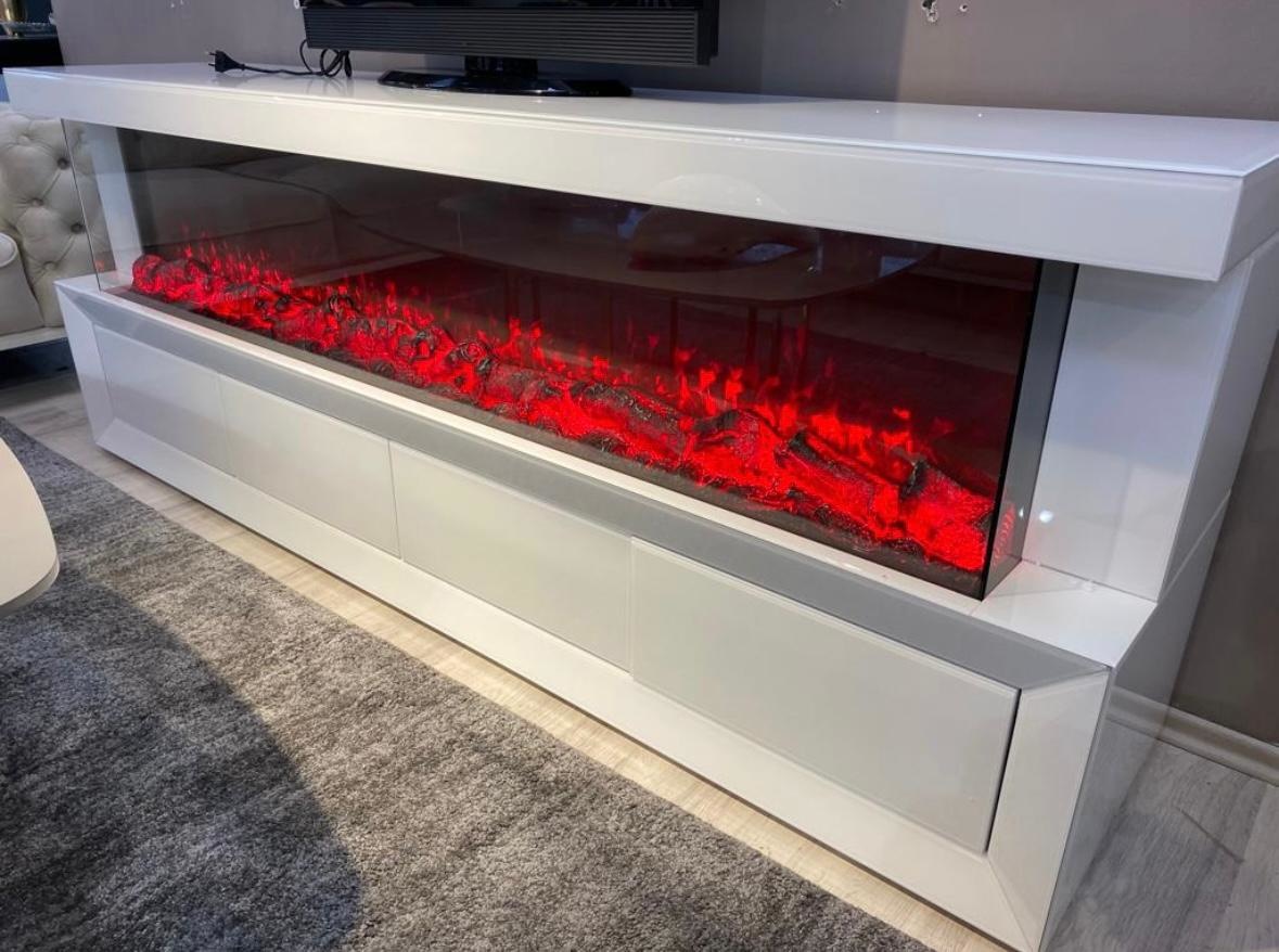 TV-Meubel Santo - incl. sfeerhaard - 200 x 40 cm - Wit/Mirror