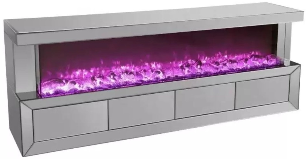 TV-Meubel Santo - incl. sfeerhaard - 200 x 40 cm - Grijs/Mirror