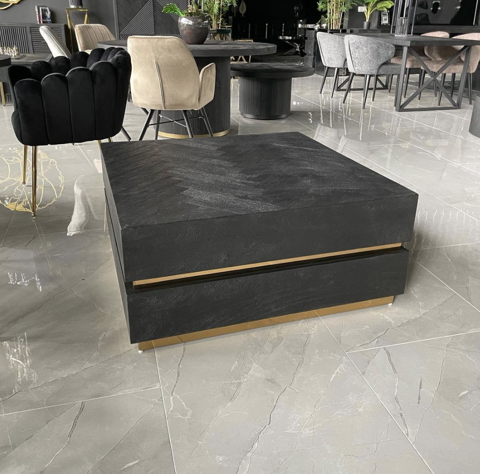 Salontafel - Blackbonito - Visgraat zwart - 100 x 100 - Goud