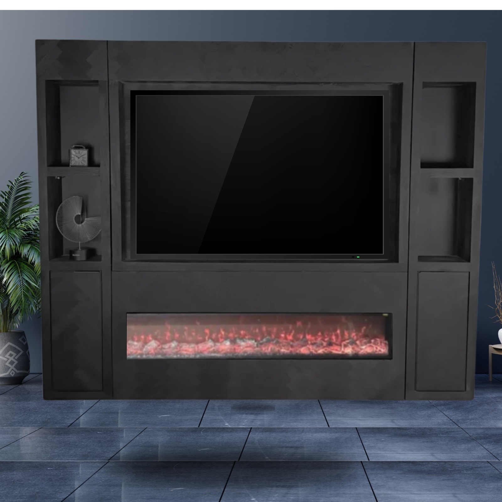 TV-Wandmeubel Black Bonito - Visgraat - Arya - 280 x 30 x 230 cm - Zwart