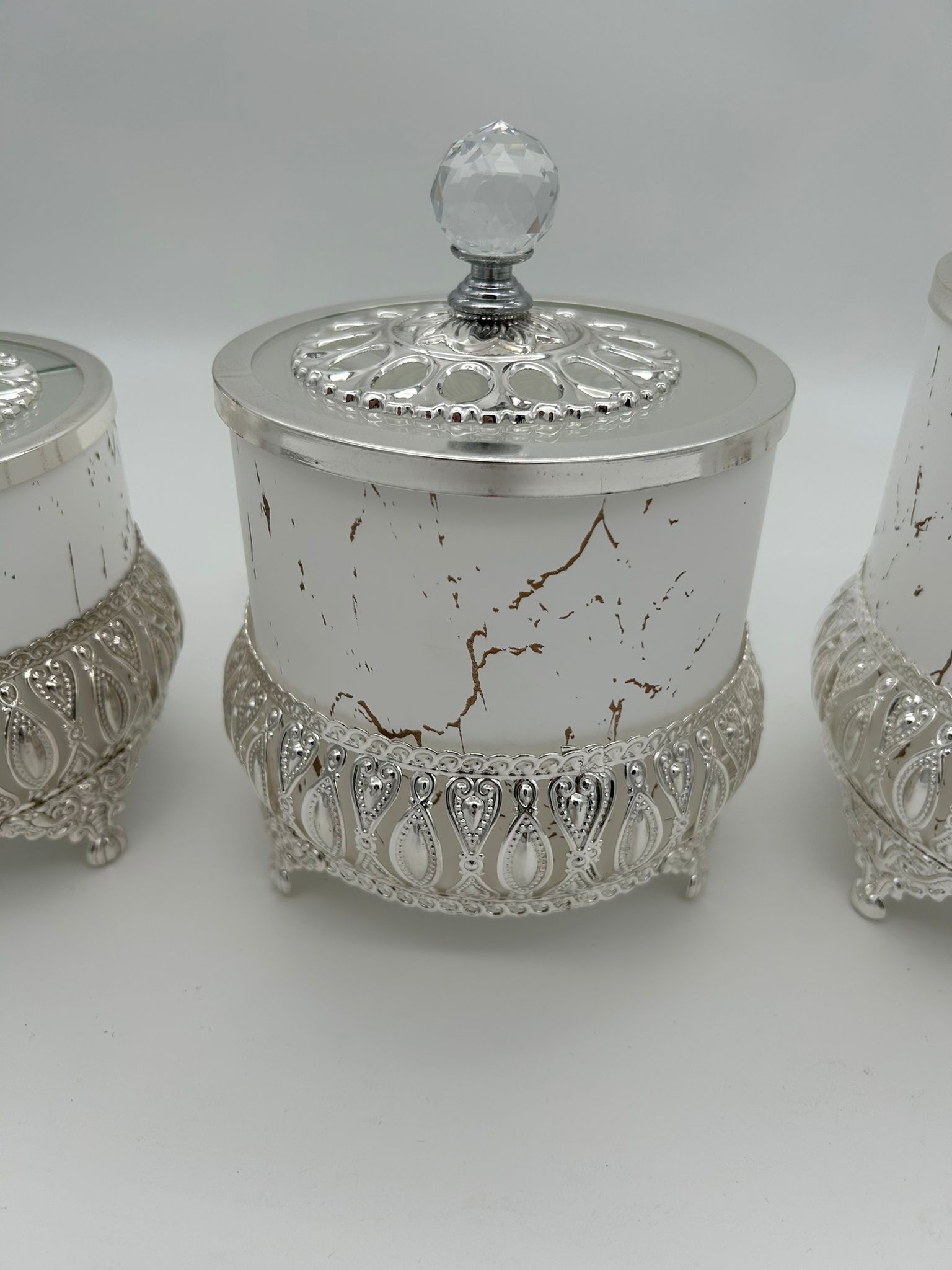 Bewaarpotten set van 3 - zilver/wit