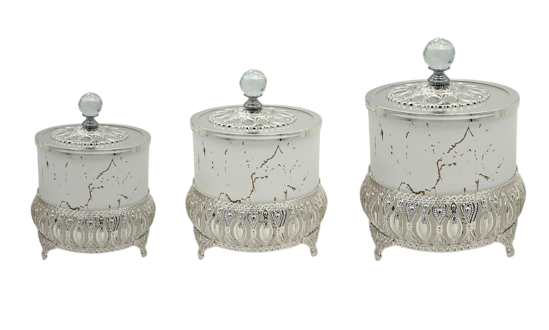 Bewaarpotten set van 3 - zilver/wit