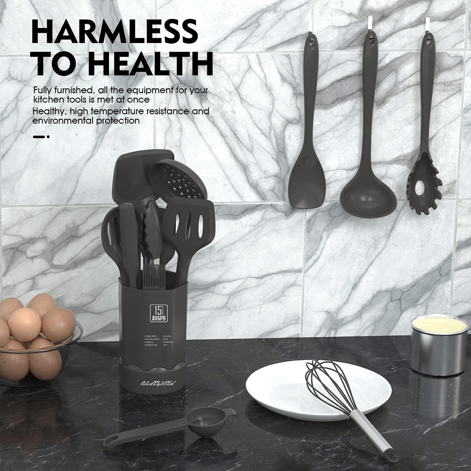 Keukengerei set met houder - 15 delig Grijs