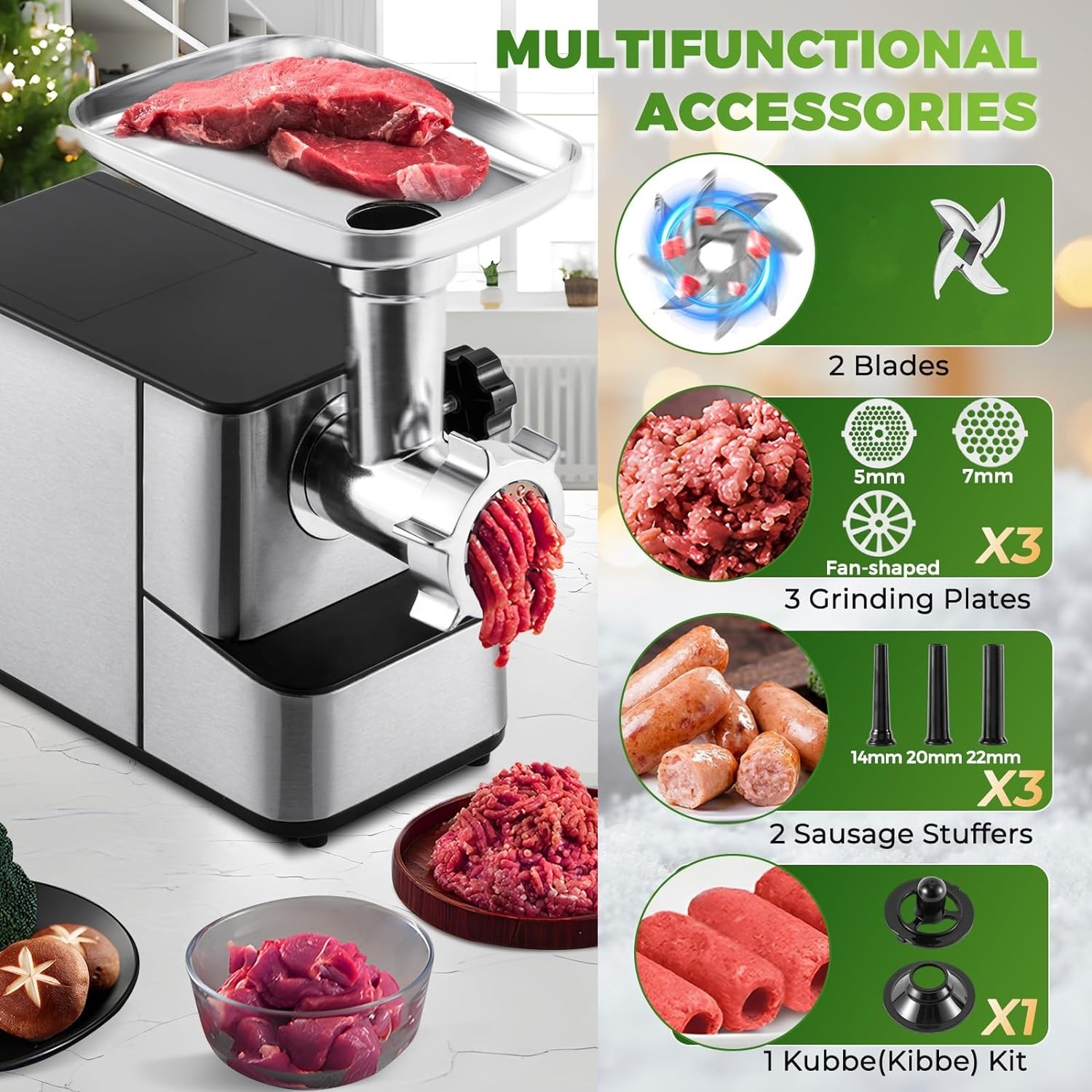 Elektrische gehaktmolen / vleesmolen | 2000 W | 3 snijplaten en worstenvuller | Royalty Line