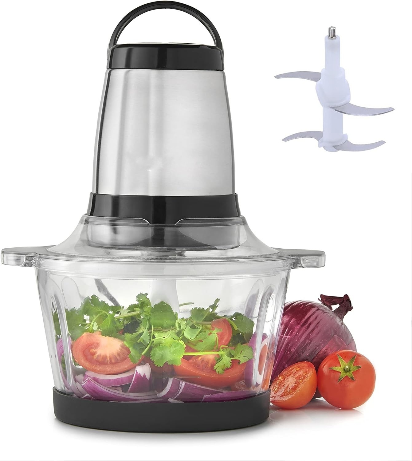 Elektrische Hakmolen 300W | 2 snelheden | Groentesnijder |1 liter glazen kom | RVS/glas