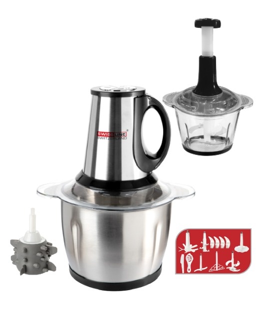 Elektrische Hakmolen 1000W | 2 snelheden | Groentesnijder |2 liter RVS kom | RVS/glas - 2 Liter