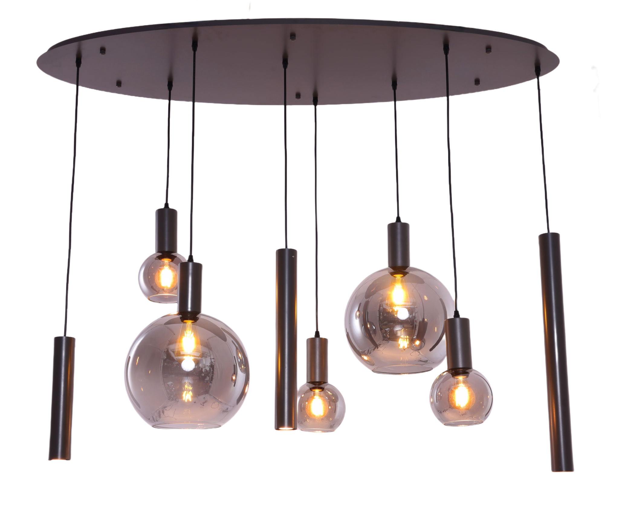 Hanglamp Aura - Metallic grijs - 8 lichts - Ovaal - Smoke glas