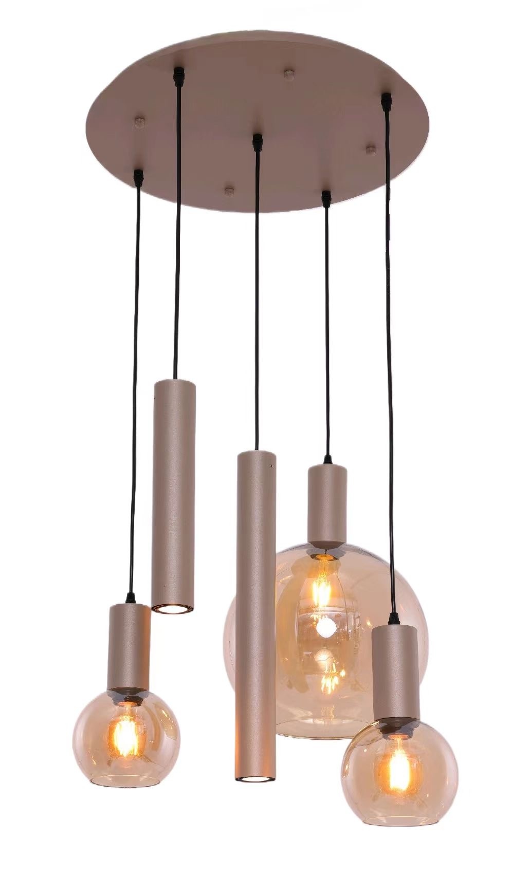 Hanglamp Aura  - Champagne - 5 lichts - Rond - Amber glas