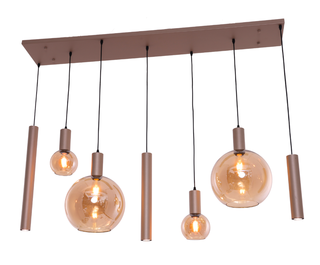 Hanglamp Aura  - Champagne - 7 lichts - Rechthoekig - Amber glas