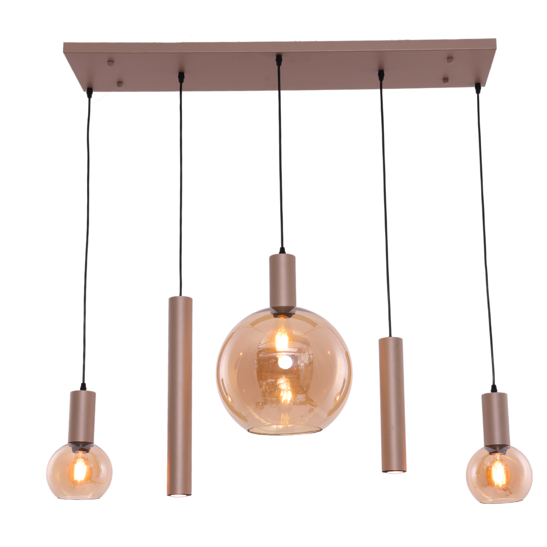 Hanglamp Aura  - Champagne - 5 lichts - Rechthoekig - Amber glas