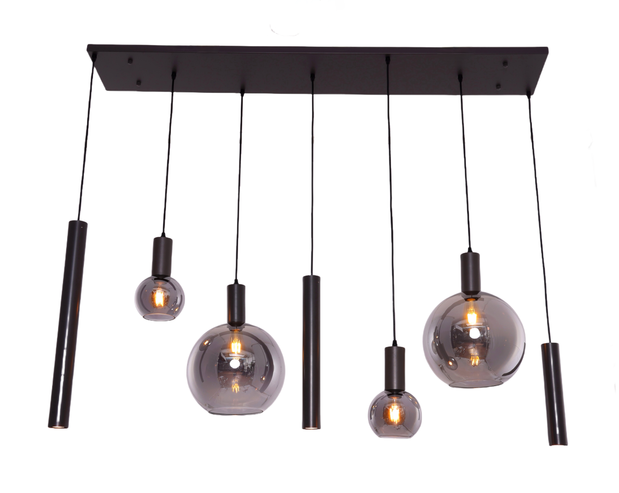 Hanglamp Aura - Zwart - 7 lichts - Rechthoekig - smoke glas