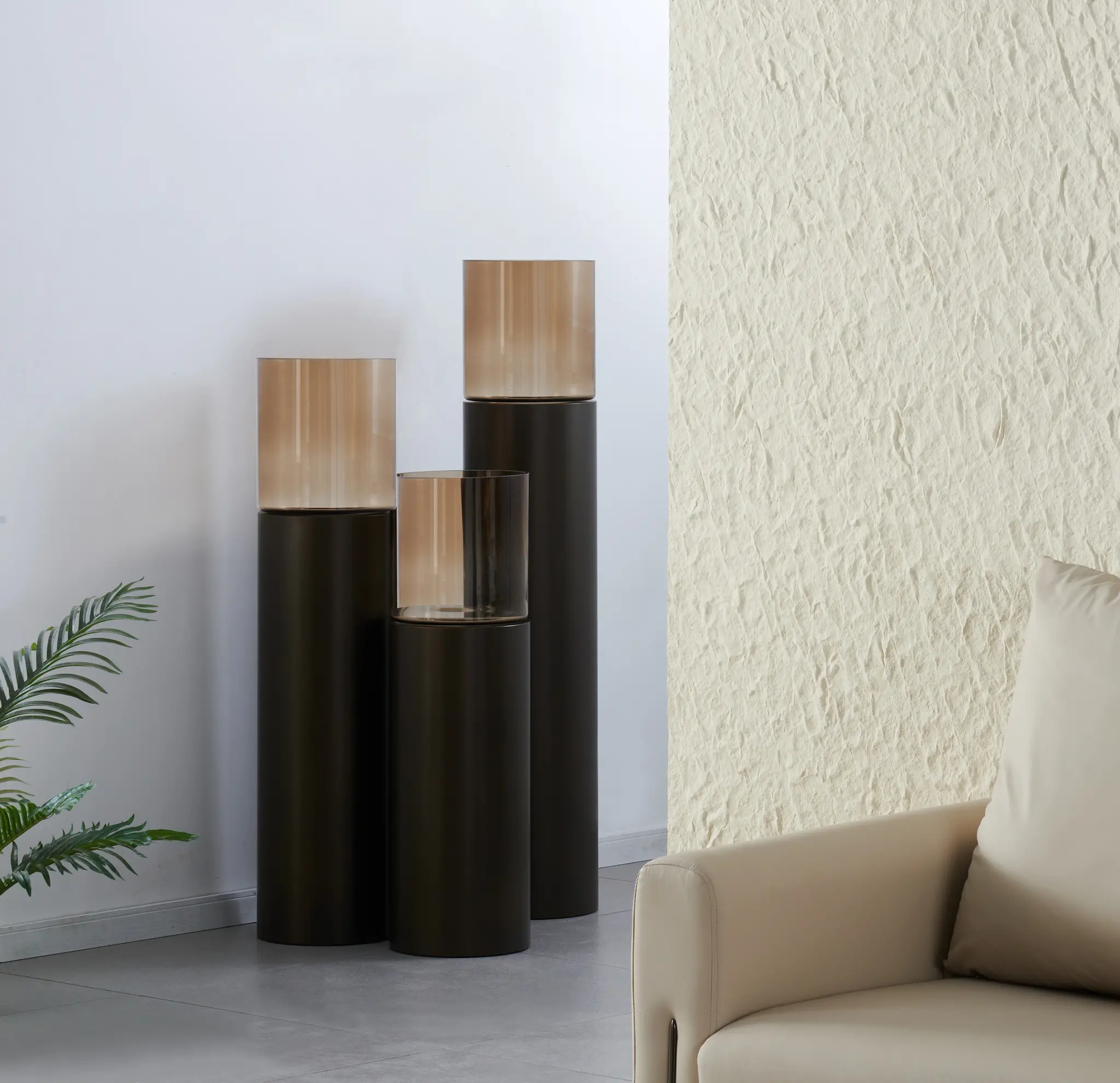 Luxe Windlicht op pilaar Bruin - 3 stuks: H90 + H110 + H130 cm