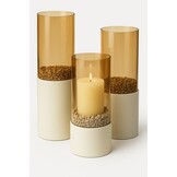 Luxe Windlicht Tafelmodel - Crème - Set van 3 - Inclusief Decorstenen en Kaarsen