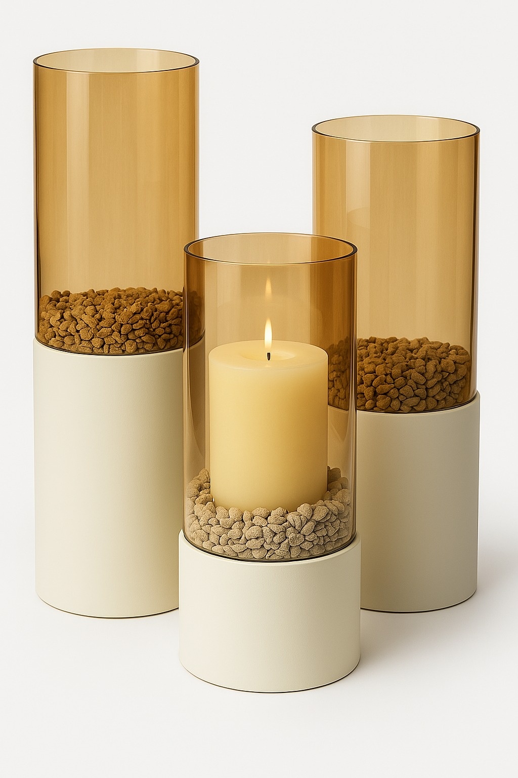 Luxe Windlicht Tafelmodel - Crème - Set van 3 - Inclusief Decorstenen en Kaarsen