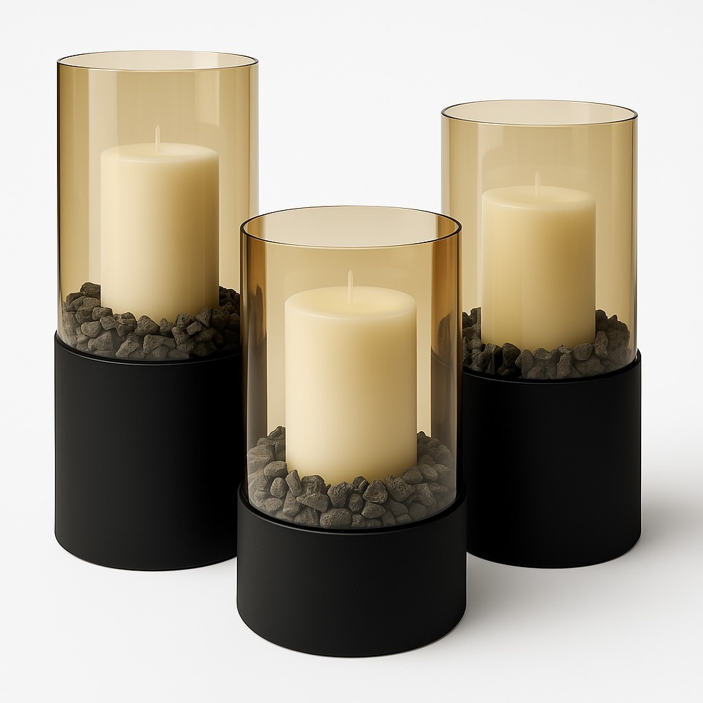 Luxe Windlicht Tafelmodel - Mat Zwart - Set van 3 - Inclusief Decorstenen en Kaarsen