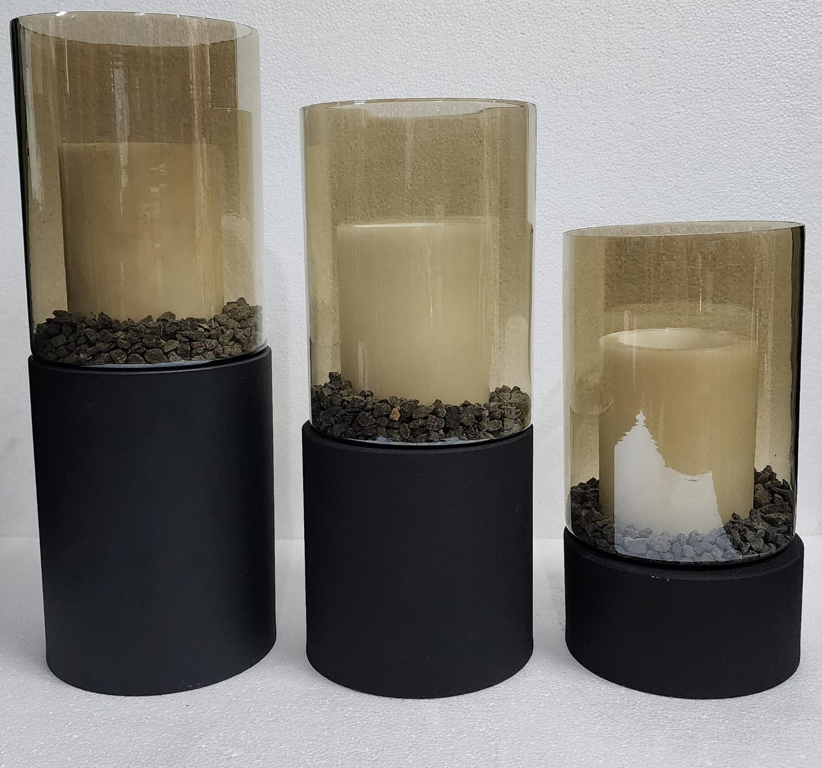 Luxe Windlicht Tafelmodel - Mat Zwart - Set van 3 - Inclusief Decorstenen en Kaarsen