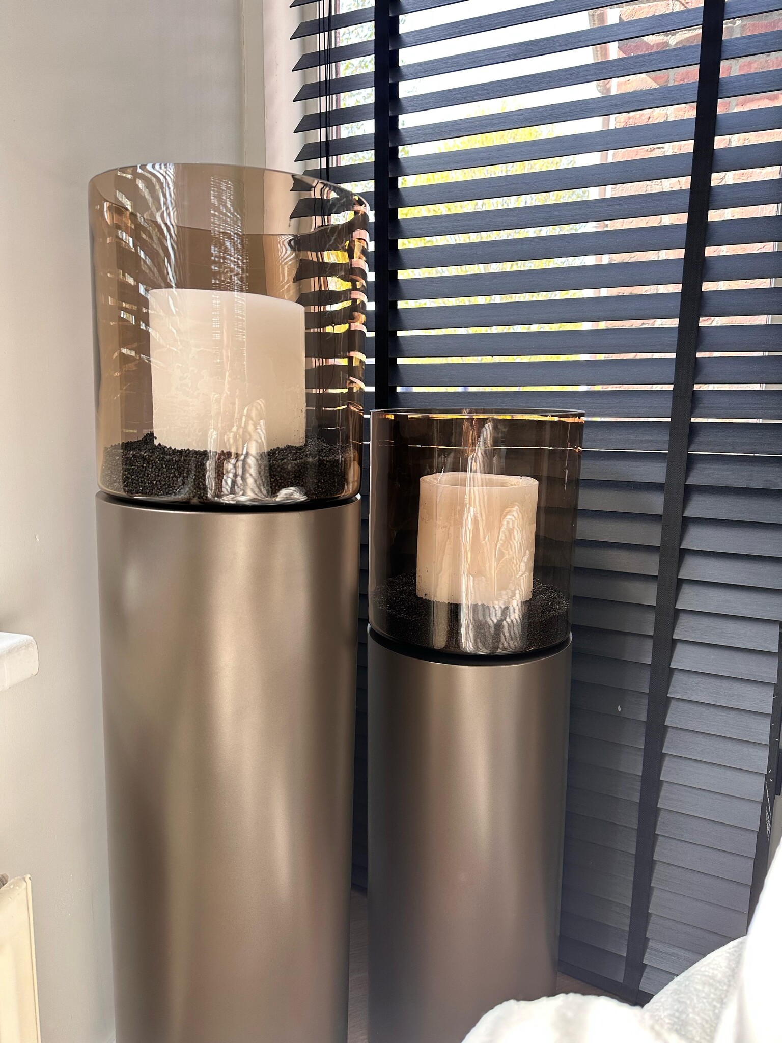 Luxe Windlicht op pilaar Bruin - 2 stuks: H90 + H110