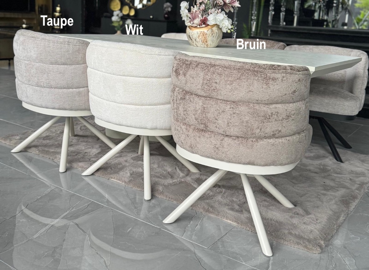 Draaistoel Channel - Wit Chenille / Creme kleur poot