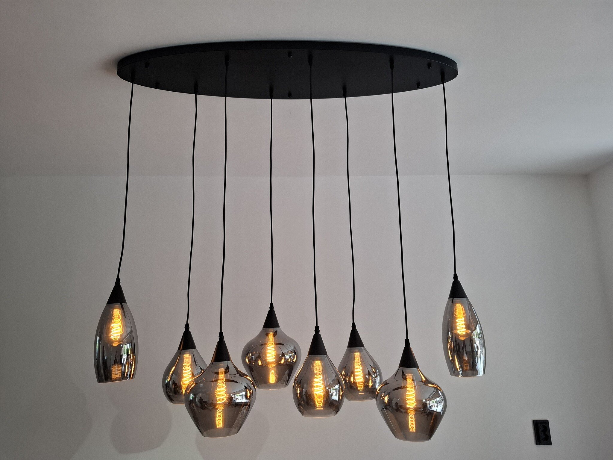 Hanglamp Modules Smoke glas - 8 lichts - Ovale plafondplaat