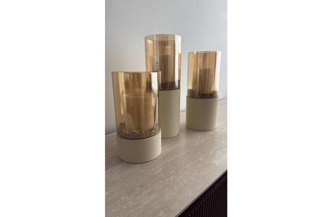 Luxe Windlicht Tafelmodel - Crème - Set van 3 - Inclusief Decorstenen en Kaarsen