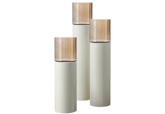 Luxe Windlicht op pilaar Crème - 3 stuks - Bruin glas