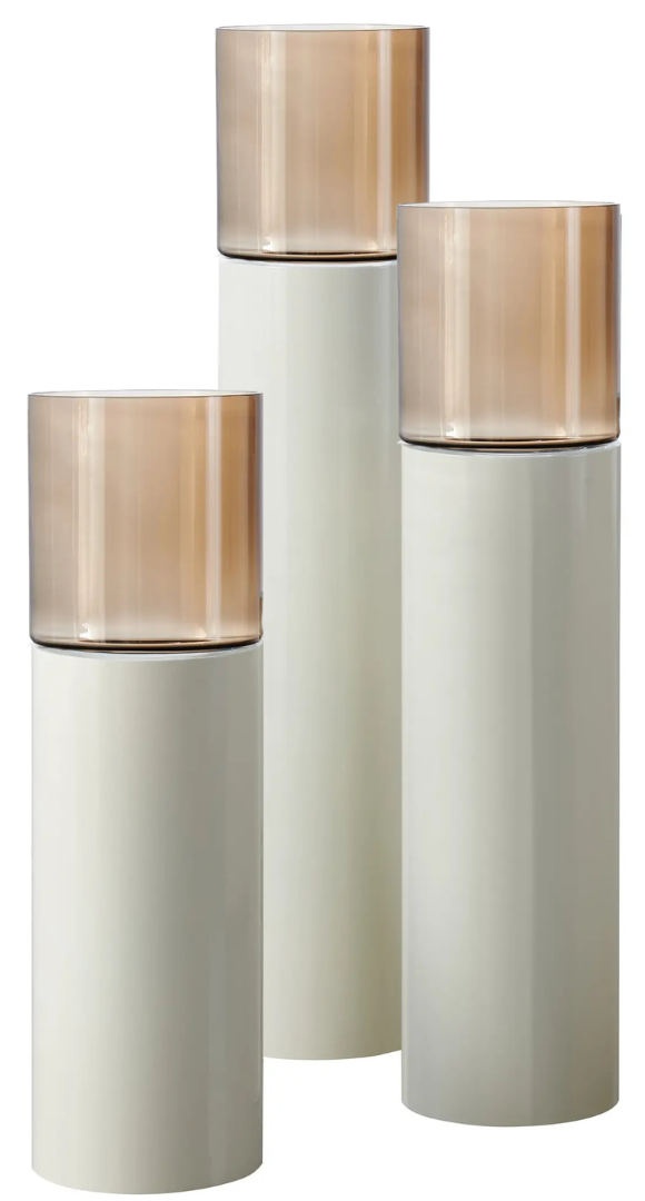 Luxe Windlicht op pilaar Crème - 3 stuks: H90 + H110 + H130 cm - Bruin glas