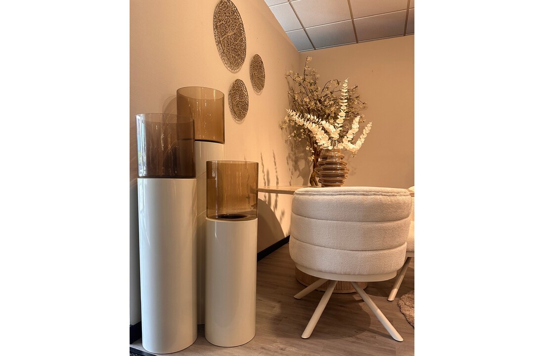 Luxe Windlicht op pilaar Crème - 3 stuks: H90 + H110 + H130 cm - Bruin glas