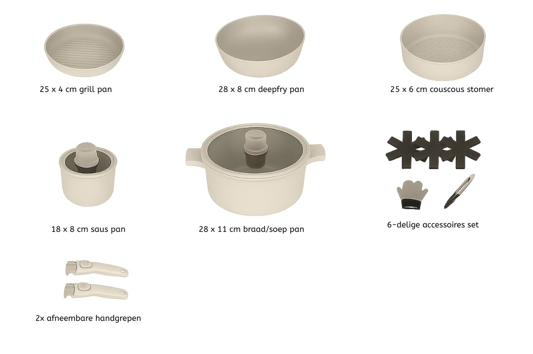 Hakal Pannenset 12-delig | Stapelbaar | Crème