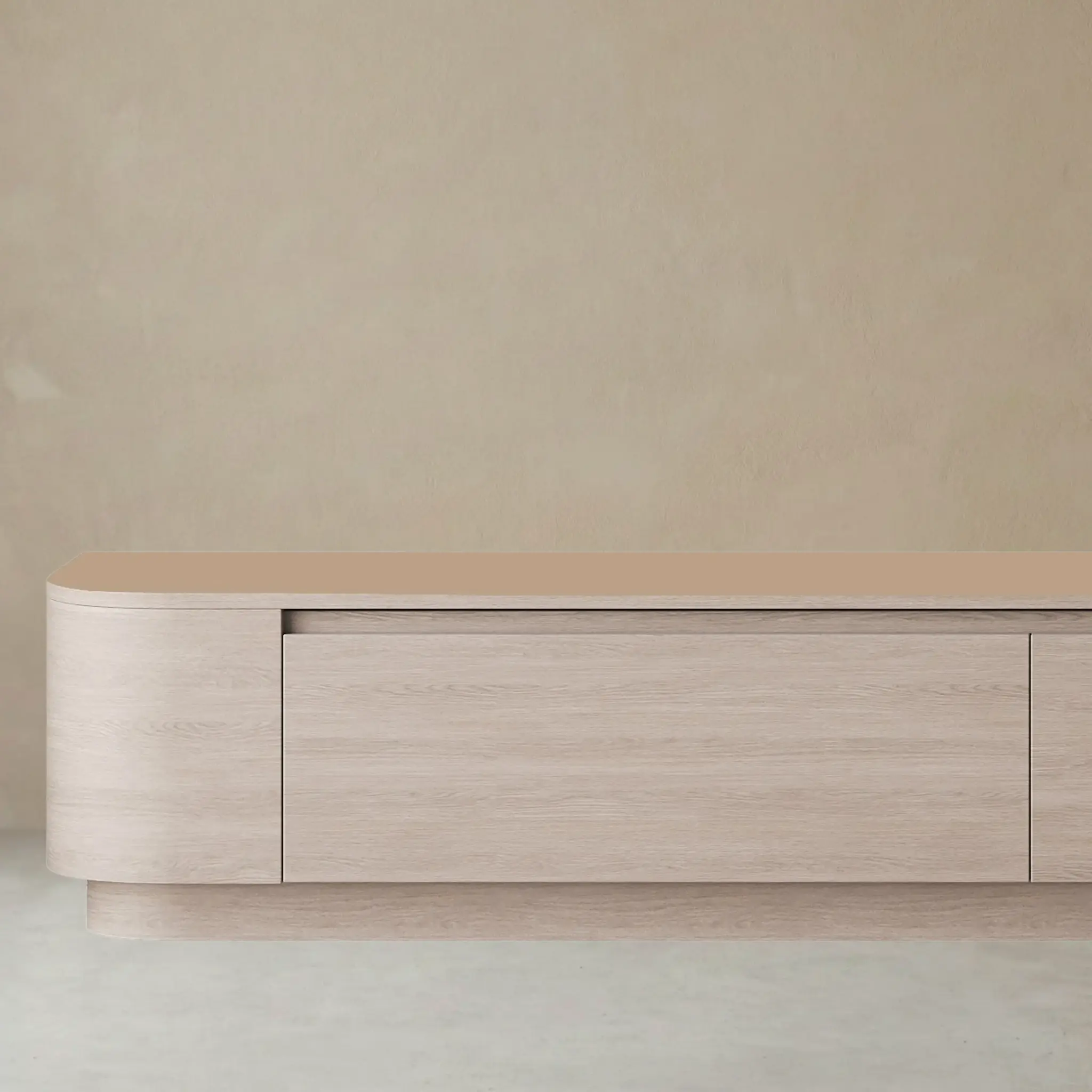 Japandi Tv Meubel Curved Staand - Licht Beige Eiken - Gebogen zijkant