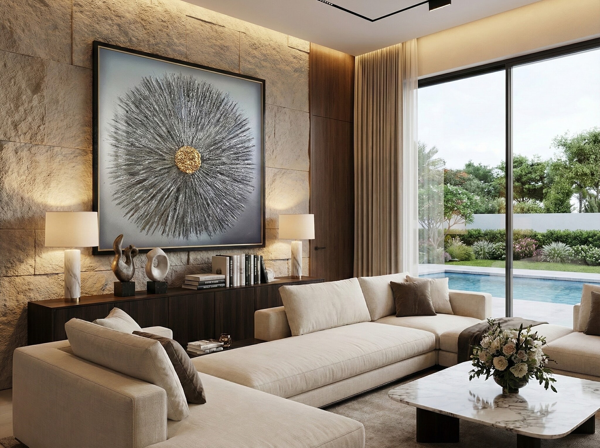 Golden Sunburst - 3D Kunstwerk - 100 x 100 cm