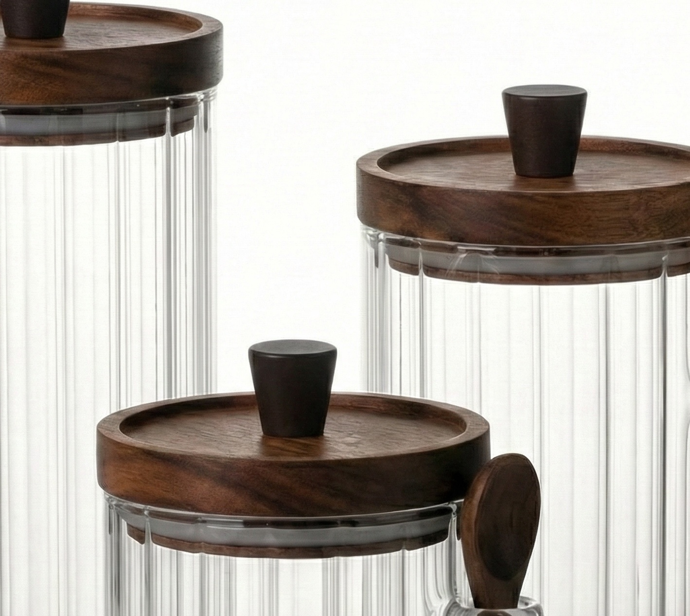 Luxe Ribbelglas Voorraadpotten met Houten Lepel| 3 - delig - 10/12/15cm hoogte