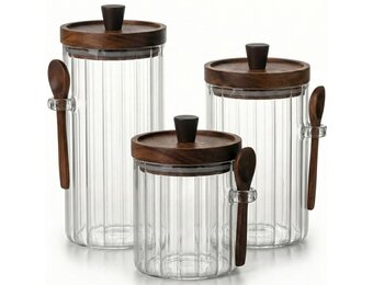 Luxe Ribbelglas Voorraadpotten met Houten Lepel | 3 - delig