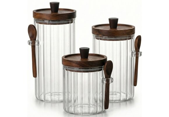 Luxe Ribbelglas Voorraadpotten met Houten Lepel | 3 - delig