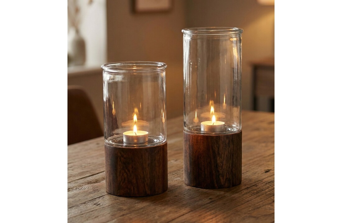 Japandi Windlicht Acaciahout - Set van 2 - 20 en 25 cm hoog