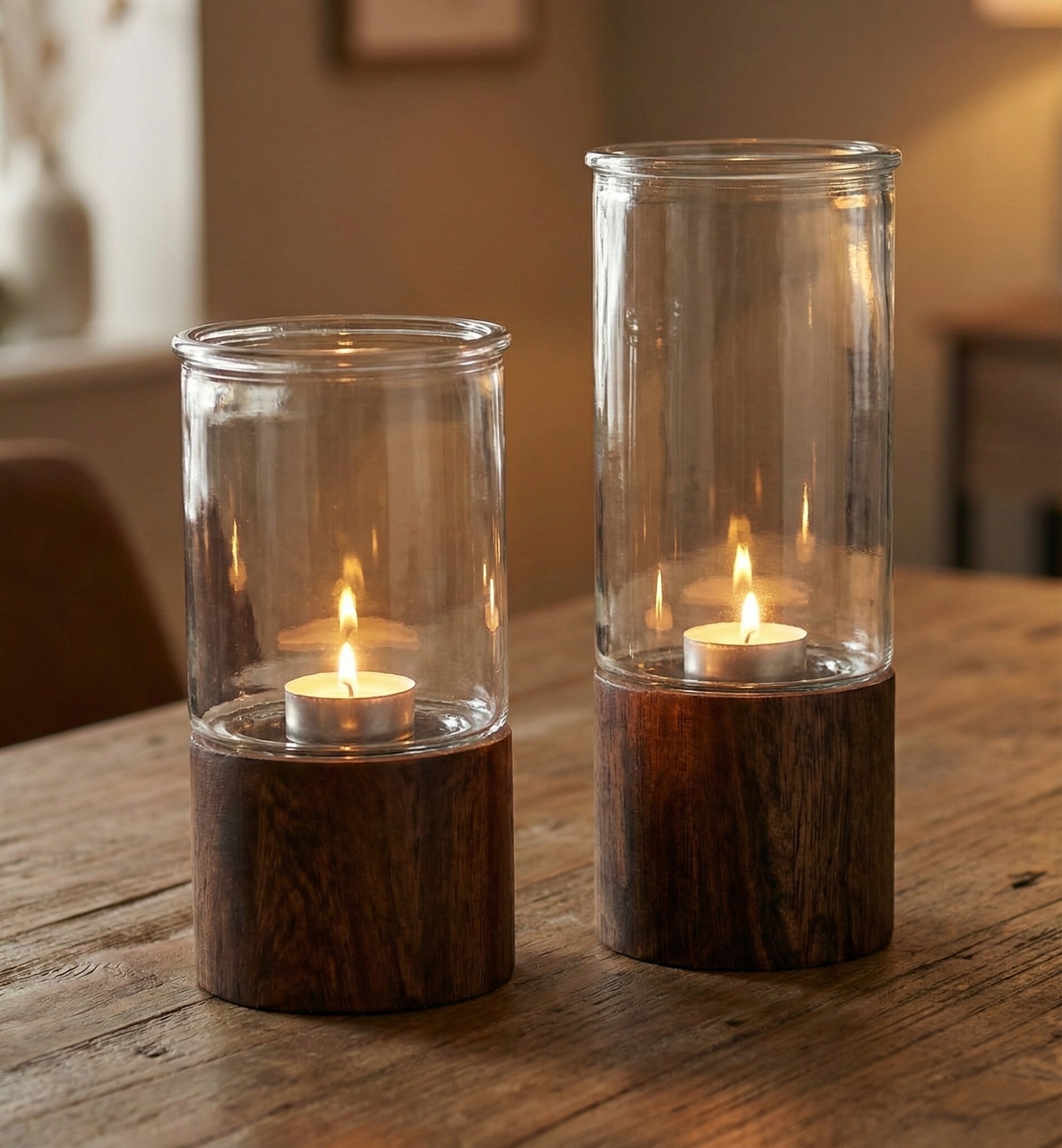 Japandi Windlicht Acaciahout - Set van 2 - 20 en 25 cm hoog