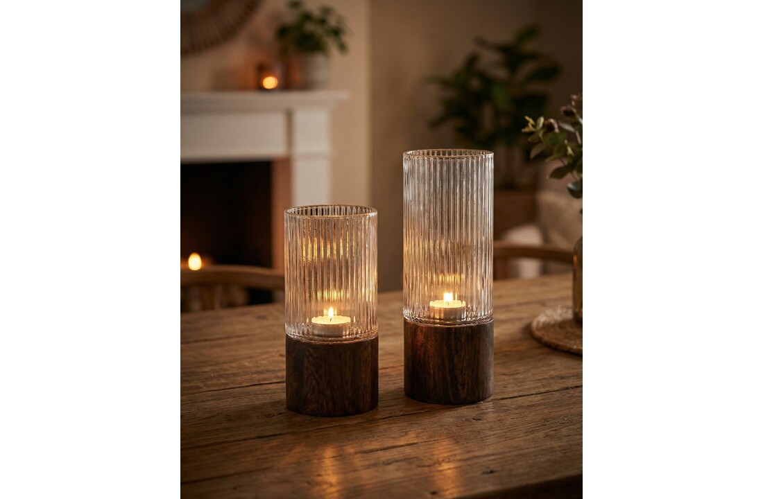 Japandi Windlicht Acaciahout ribbel - Set van 2 - 20 en 25 cm hoog