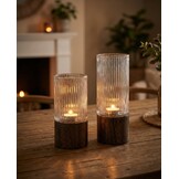 Japandi Windlicht Acaciahout ribbel - Set van 2  - 20 en 25 cm hoog