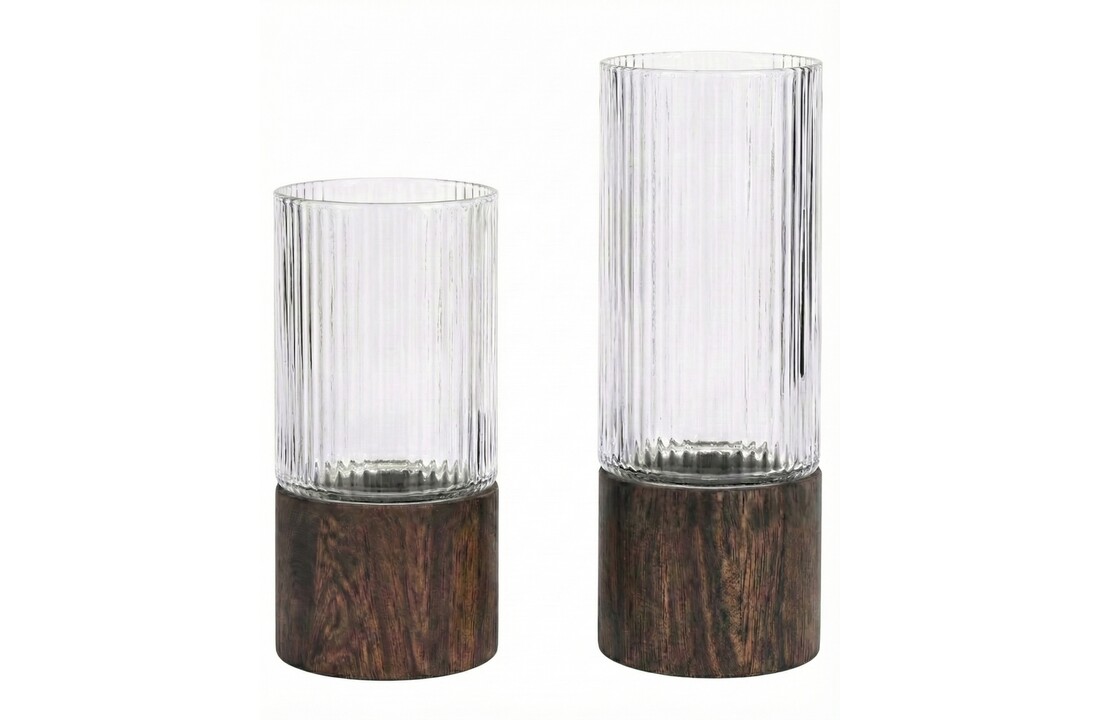 Japandi Windlicht Acaciahout ribbel - Set van 2 - 20 en 25 cm hoog